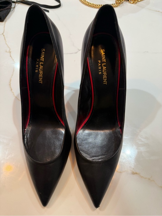 Yves Saint Laurent Shoes - Yves Saint Laurent Black Leather Pointed Toe Pumps with Red Trim